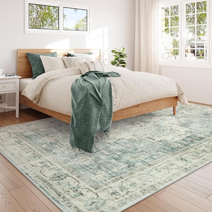 LIVEBOX Washable Area Rug 9x12 Rugs for Living Room Bedroom, Non-Slip Boho Indoor Carpet for Dining Room Office, Low-Pile Farmhouse Soft Carpets for Kids Nursery Playroom, Sage Green