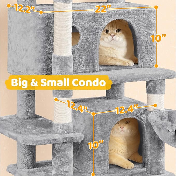 Yaheetech Cat Tree, 67in Large Tower w/ 3 Removable Teaser Sticks, 2 Kitten-Ear Shaped Perches, 2 Condos, Hammock, Scratching Post, Multi Level Pet House, Light Gray