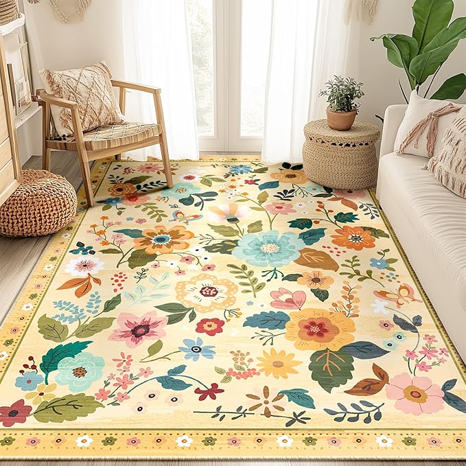 Floral 5x7 Area Rug Machine Washable Soft Print Boho Carpet Non Slip Doormat Low Pile Flower Area Rugs for Living Room Bedroom Nursery Kitchen Dining Room Indoor-Ivory/Yellow