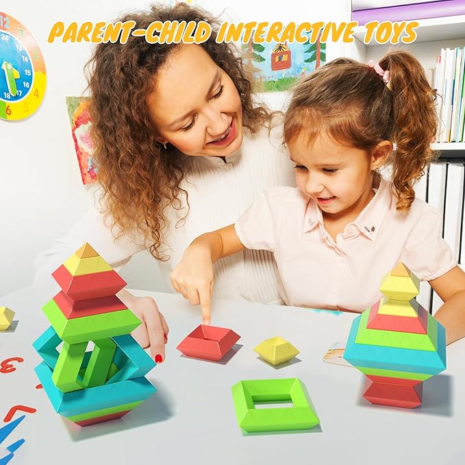 Montessori Toys for Ages 1-3 2-5 Toddlers Kids Baby,Pyramid Stacking Building Toys,3D Preschool Learning Blocks for Kids,STEM Sensory Toy Gifts for 2-4 Year Old Boy Girl,Plastic Storage Bag Set