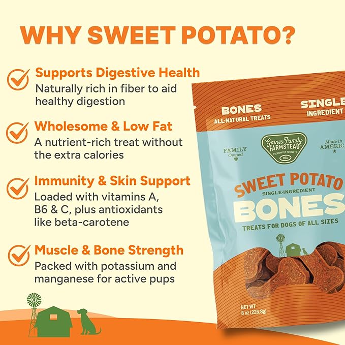 Gaines Family Farmstead Duck Feet & Sweet Potato Dog Treats Bundle – 8 ct Natural Duck Feet + 8 oz Sweet Potato Bones, Grain-Free, Single Ingredient Chews, Healthy Dog Snacks, Made in USA