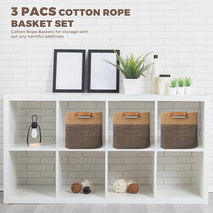 danpinera 3-Pack Cotton Rope Baskets for Storage, 11"x11" Cube Storage Cubes Store Toys, Towel, Snack, Storage Bins with Reinforced Stitching & Practical Handles, Black & Brown