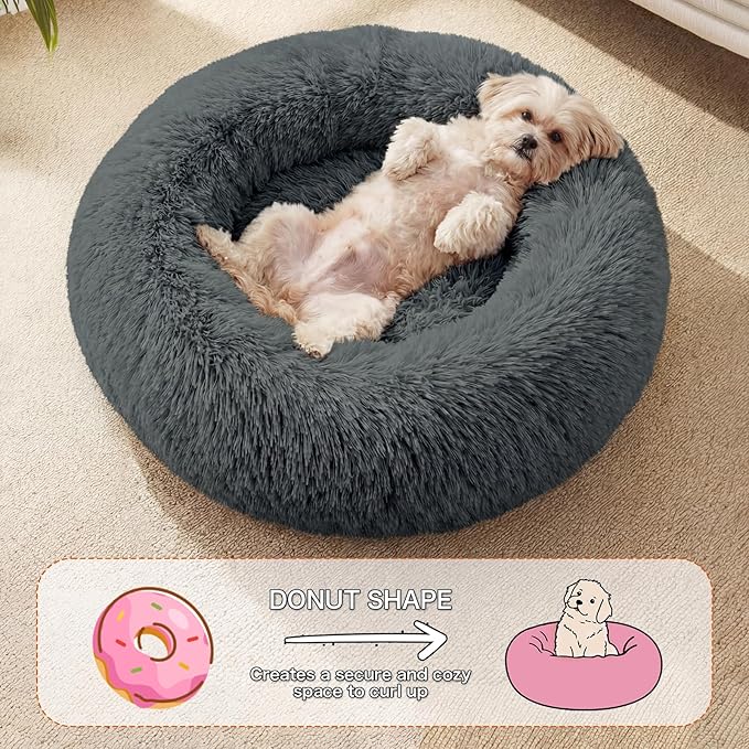 Calming Dog Bed, 20" x 20" x 6" Fits Cat & Dog, Anti-Slip Round Washable Faux Fur for Doze Off, Napping Orthopedic, Dark Grey