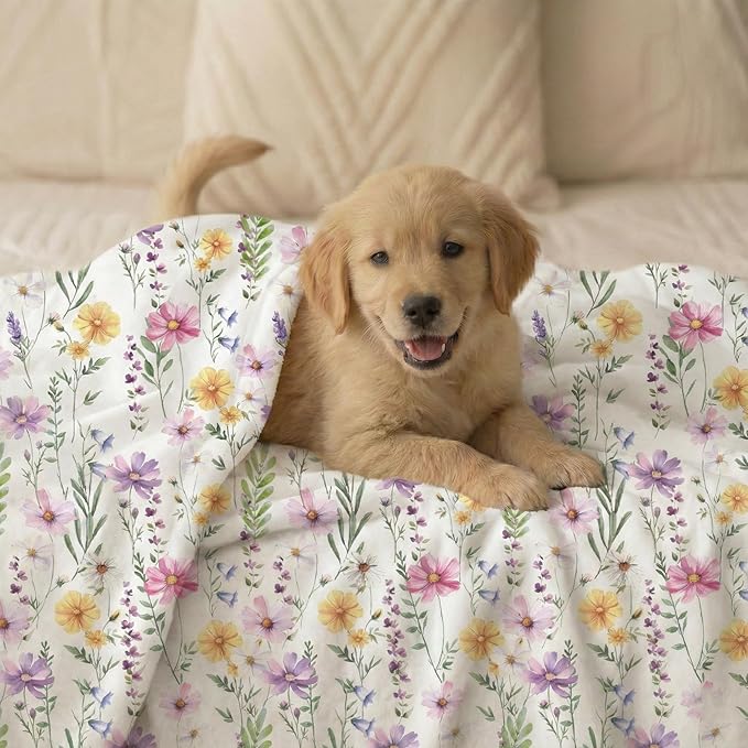 Horaldaily Pets Flannel Blanket, Spring Summer Watercolor Wildflowers Soft Fuzzy Fluffy Plush Cozy Fleece Premium Blankets for Dog Cat Puppy Kitten Couch Protection, 30x40