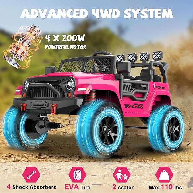 ANPABO 24V 2 Seater Ride On Car for Kids w/EVA Tires, 4X200W Motors, 4 Shock Absorbers, 2.4G Remote Control, Bluetooth Radio, LED Headlights & Searchlights, Electric Car for Kids Ages 3-8, Pink