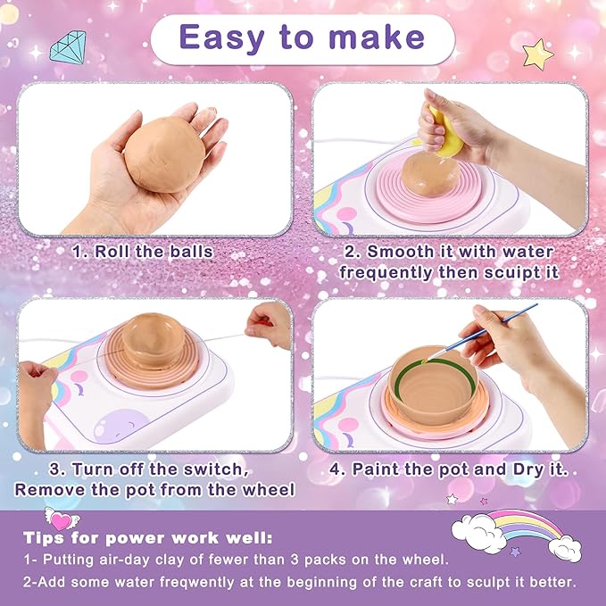 Pottery Wheel for Kids，Art Supplies Arts & Crafts Kit, Crafts Toys for Girls 8-12, Pottery Studio Craft Kit with 4 Pack Air-Dry Clay,Girls Toys Birthday Christmas Gift for Kids Ages 6 7 8 9 10 11 12+