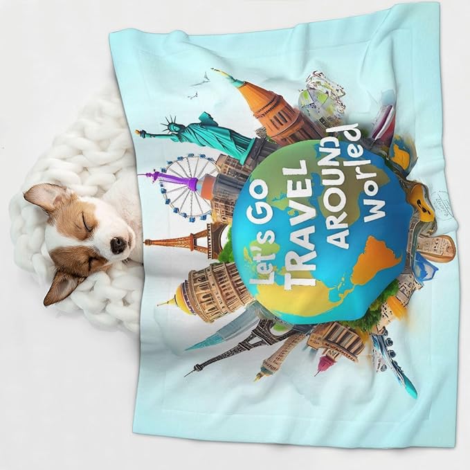 Waterproof Dog Blanket Soft Pet Blanket for Puppy Cat, Fleece Cat Throw Blankets for Furniture Bed Couch Sofa Reversible - Let's go Travel Around The World