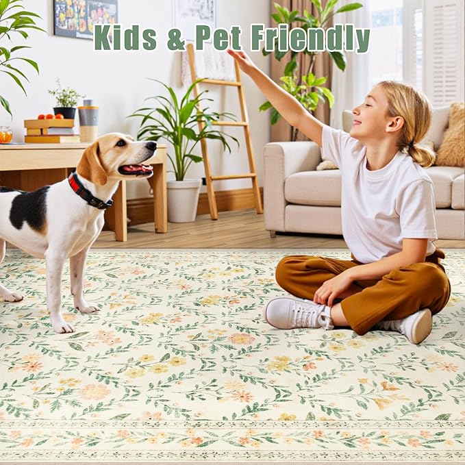 Area Rug Living Room Rugs: Floral 5x7 Washable Rug Vintage Soft Boho Non-Slip Carpet Indoor Stain Resistant Large Carpets for Bedroom Dining Room Farmhouse Nursery Hallway Home Office Beige/Multi