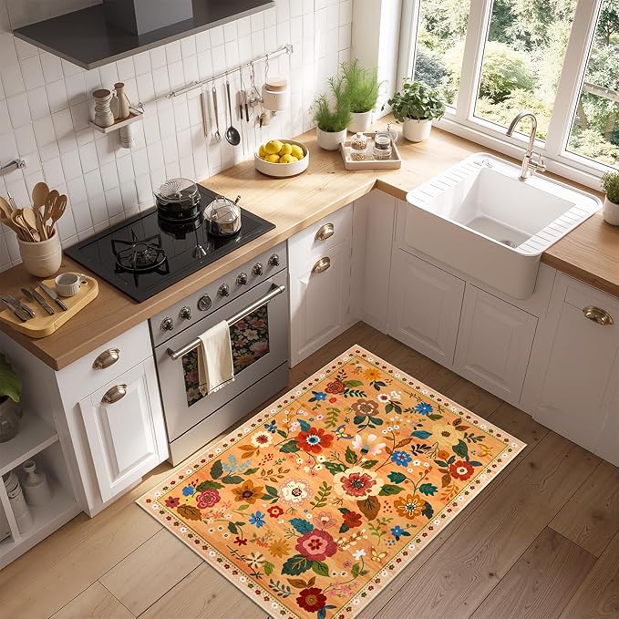 Floral 2x3 Area Rug Machine Washable Soft Print Boho Carpet Non Slip Doormat Low Pile Flower Area Rugs for Living Room Bedroom Nursery Kitchen Dining Room Indoor-Yellow/Orange