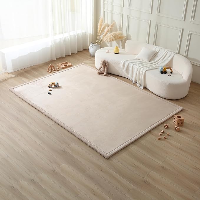 Premium Baby Playmat for Floor 80" x 110" Beige – Cloudsoft Coral Velvet Memory Foam Rug for Crawling – Non-Slip, Water-Resistant, Non-Toxic, Easy-Care Muscle Mat – Thick Play Mat for Baby