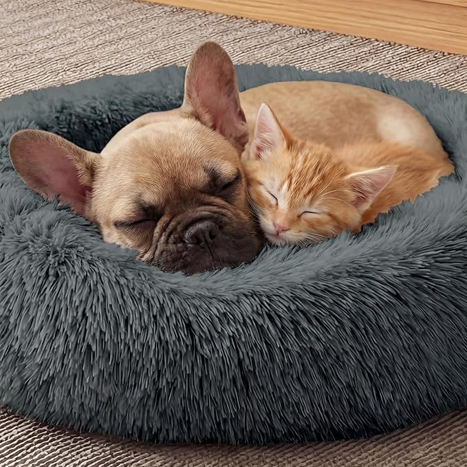 Calming Dog Bed, 20" x 20" x 6" Fits Cat & Dog, Anti-Slip Round Washable Faux Fur for Doze Off, Napping Orthopedic, Dark Grey