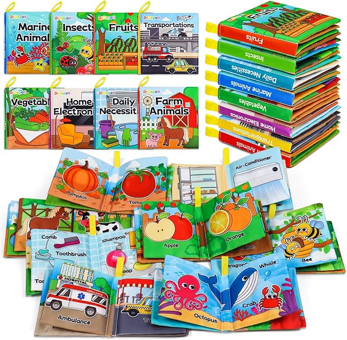 Dr.Rapeti Soft Cloth Books Baby Books Bath Books 8-Pack for Baby Infant Toddler Kid Crinkle Washable Chewable Early Educational Preschool Learning Giftable