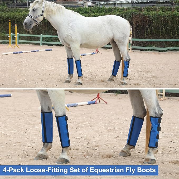 Horse Fly Boots Set of 4 - Non-Slip Leg Guards Extra Tough Mesh Ventilated, Adjustable Horse Fly Leggings Reduce Stomping & Hoof Stress & Leg Fatigue RoyalBlue Medium