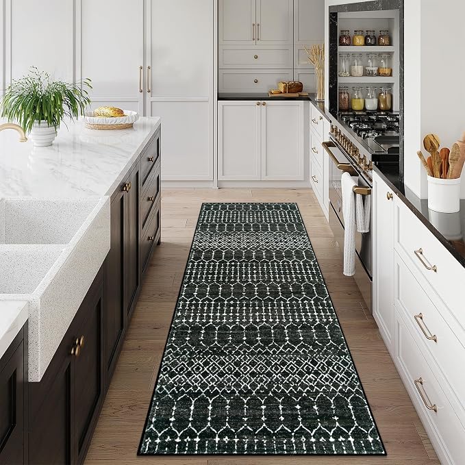 Lahome Moroccan 2x6 Black Runner Rug Non-Slip, Kitchen Rug Runner Washable