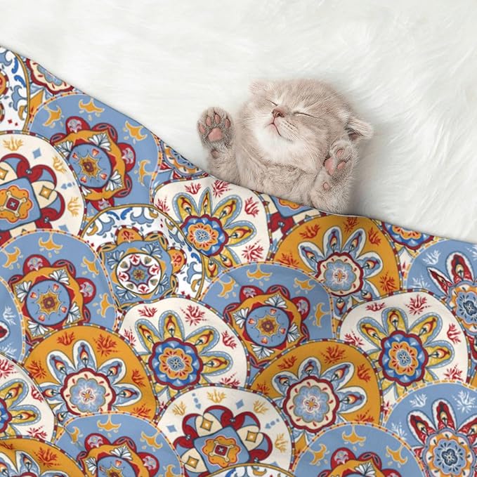 Boho Throw Blanket - Vintage Colorful Floral Blanket for Dog Cat Pet Blankets 23x16 for Couch Sofa Bed