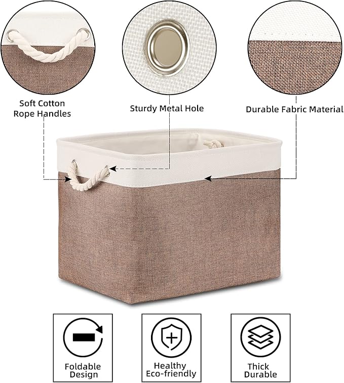 Bidtakay Large Storage Baskets with Handles for Organizing 16" x 11.8" x 11.8" Rustic Shelf Baskets [2-Pack] Foldable Clothes Baskets Fabric Collapsible Bins for Closet (White&Earthy Brown)