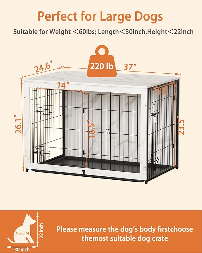Megidok Wooden Dog Crate Furniture with Cushion,Large Dog Crate End Table with Tray, Double Doors Kennels Indoor (37" L*25" W*26" H, Marble White)