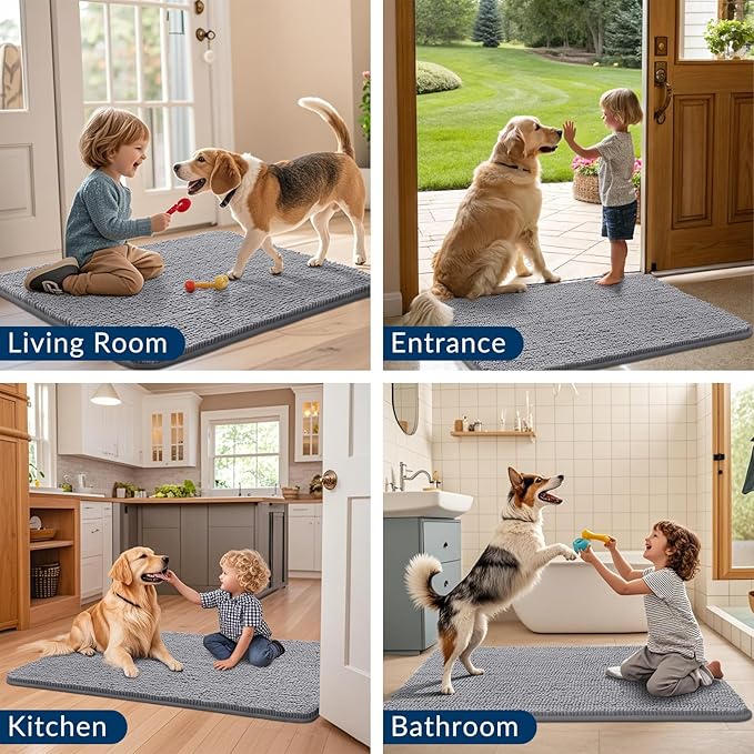 Smiry Dog Door Mat for Muddy Paws 40x24, Absorbs Moisture and Dirt Doormat, Non-Slip Washable Quick Dry Chenille Front Door Mat Indoor Entrance, Entryway Carpet for Inside Floor, Grey