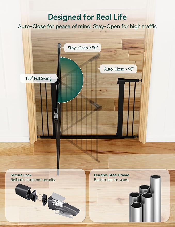 Babelio Baby Gate for Doorways and Stairs, 29-48" Auto Close Dog Gate PressGuard P7, Easy-Install Pressure Mounted Satey Door, No Drilling Safety Gate for Child and Pets, 2 Pack, Black
