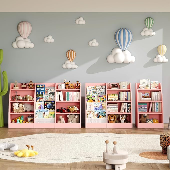 4 Tier Kids Bookshelf Set of 2,4 Layer Sling Kids Book Shelf for Kids Rooms,Wood Children Bookcase,Baby Storage Book Rack,Toddler Bookshelf, Book and Toy Organizer,Book Display Shelf for Nursery