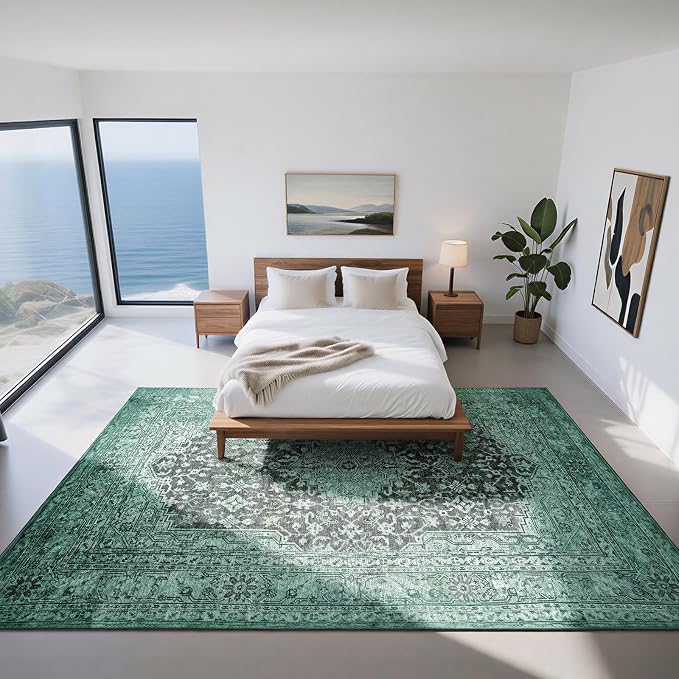 Washable Rugs 8x10 Area Rugs for Living Room- Vintage Green Rugs for Bedroom