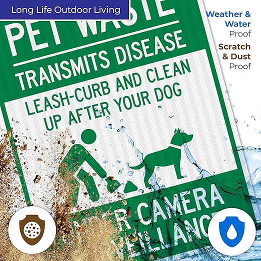 Pet Waste Leash-Curb and Clean Up After Your Dog Under Camera Surveillance Sign, 24x30 Inches, 3M EGP Reflective .080 Aluminum, Fade Resistant, Made in USA