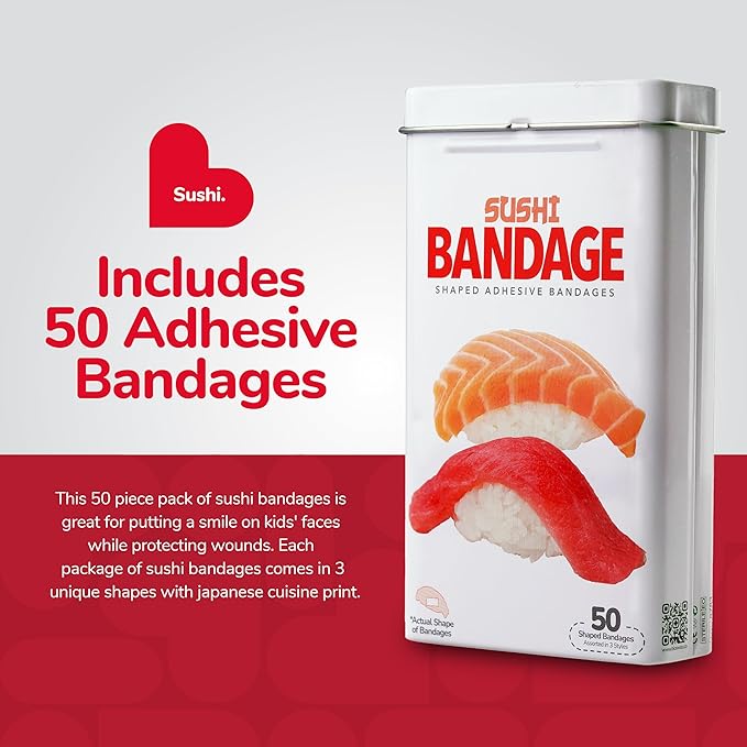 BioSwiss Bandages, Sushi Shaped Self Adhesive Bandage, Latex Free Sterile Wound Care, Fun First Aid Kit Supplies for Kids, 50 Count