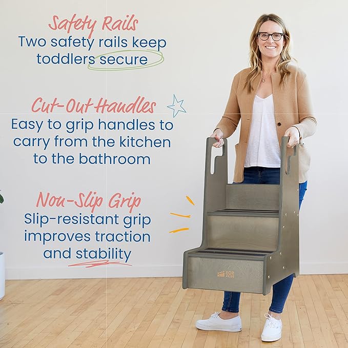 ECR4Kids Reach-Up Step Stool with Handles, Kids Furniture, Grey Wash