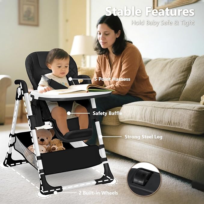 Kinder King Convertible Baby High Chair, Adjustable Feeding Chair for Babies and Toddlers with Removable Double Tray, Simple Compact Fold for Space-Saving, 2 Built-in Wheels, Easy to Clean, Black