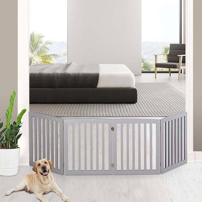 ZENY 24 Inch Pet Dog Gate, Foldable Freestanding Dog Door 4 Panel, White Wooden Z Shape Step Over Pet Fence for Entryway, Stairs, Doorway (Grey)