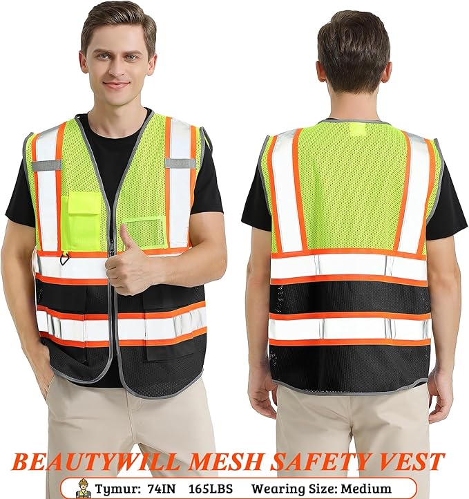 Custom Mesh Safety Vest 5 Pack Customized Logo Class 2 High Visibility Reflective Vest with Pockets Construction workwear （Yellow Black，XL ）