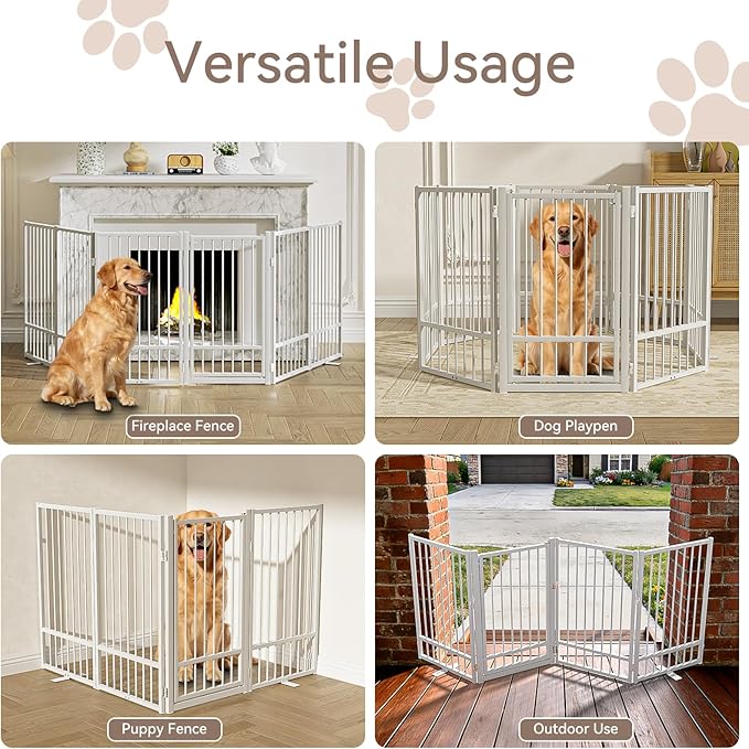 Full Metal Freestanding Dog Gate with Door, 32''Height Foldable Pet Dog Fence for Indoor & Outdoor, 8 Panels Extra Wide Free Standing TallDog Gates for Doorways,House,Stairs,Porch,Deck,Yard