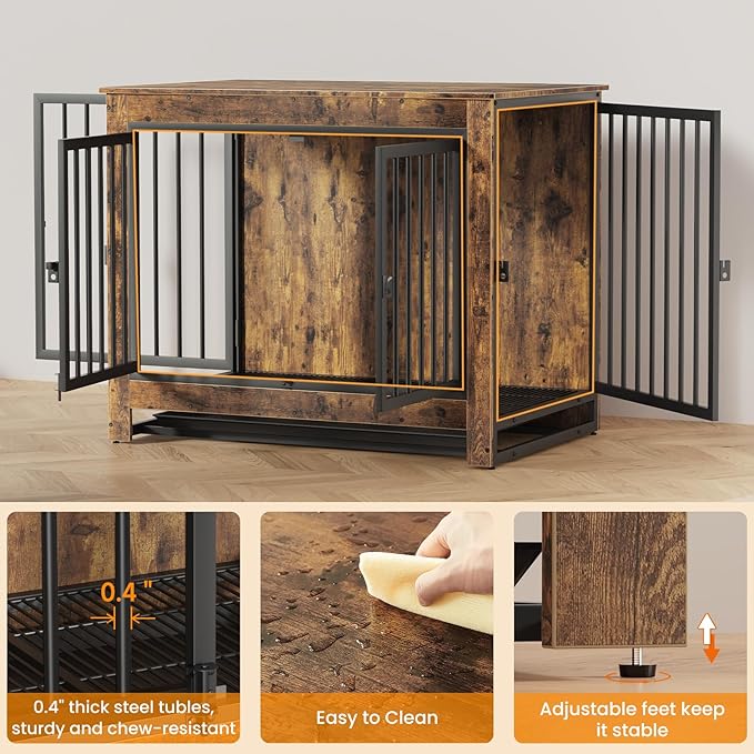 Dog Crate Furniture, 38 Inch Indoor Dog Kennel for Medium Dogs Up to 50 LBS, Heavy Duty Wooden Pet Cage End Table with 3 Doors, Alloy Steel Frame & Removable Tray
