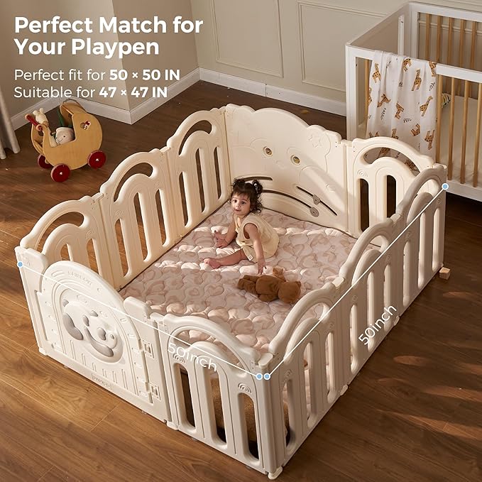 Momcozy Baby Play Mat for Floor, 50x50 Thickened Playpen Mat, Playmate for Baby Tummy Time, Waterproof & Non-Slip, Foldable Outdoor Mats with Carrying Handle, Leopard Heart
