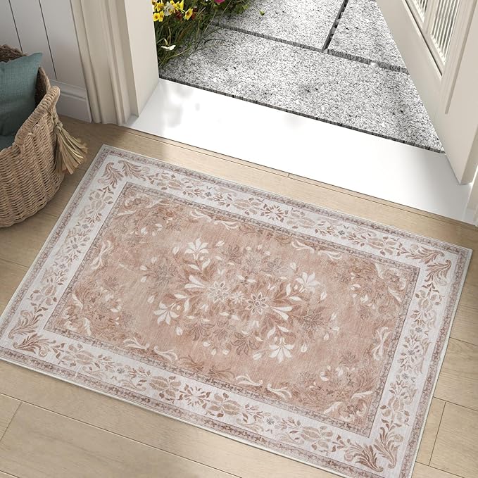 jinchan Floral 2x3 Rugs for Entryway - Vintage Washable Area Rug Ultra-Thin Low Pile Soft Small Non Slip Distressed Indoor Door mat Accent for Entrance Kitchen Bedroom (2x3ft,Coral Pink)