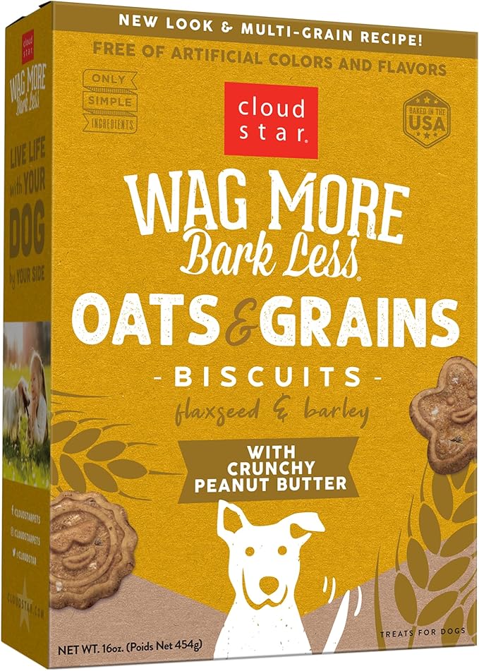 Cloud Star Wag More Bark Less Oats & Grains Crunchy Dog Treats, Peanut Butter, 16 oz. Box