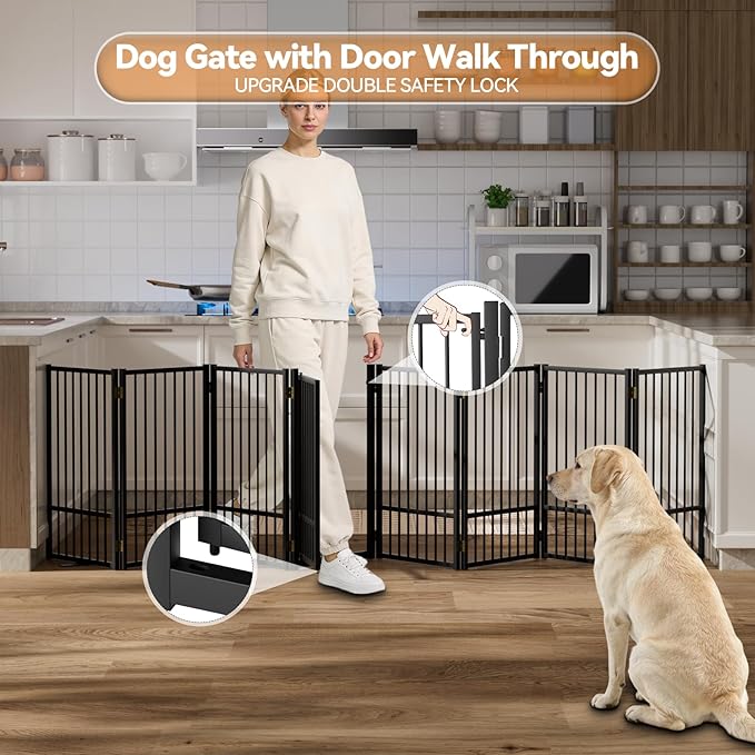 Full Metal Freestanding Dog Gate with Door, 32''Height Foldable Pet Dog Fence for Indoor & Outdoor, 8 Panels Extra Wide Free Standing TallDog Gates for Doorways,House,Stairs,Porch,Deck,Yard