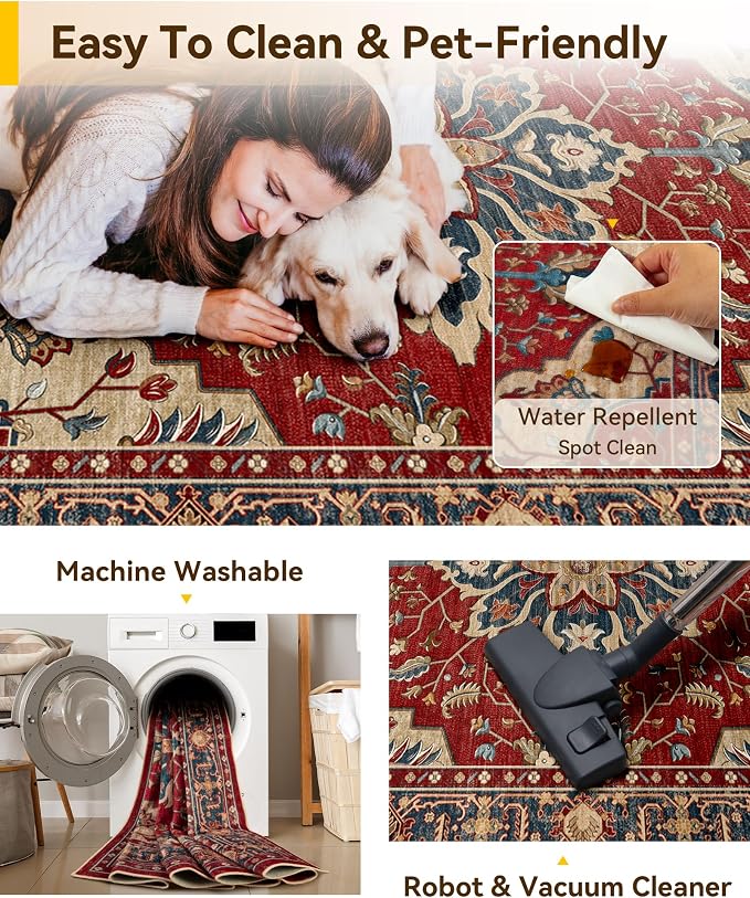 RELEANY Area Rugs 7'x9' Washable Non-Slip, Floral Vintage Distress Medallion