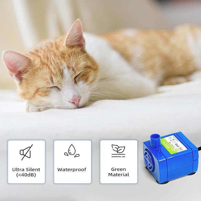IP68 DR-DC160 Submersible Water Pump Cat Water Fountain Pump for Tritone Ceramic, Stainless Steel, Round Flower Cap Cat Fountains, Automatic Pet Water Dispenser Replacement Pump (with LED & Brush)