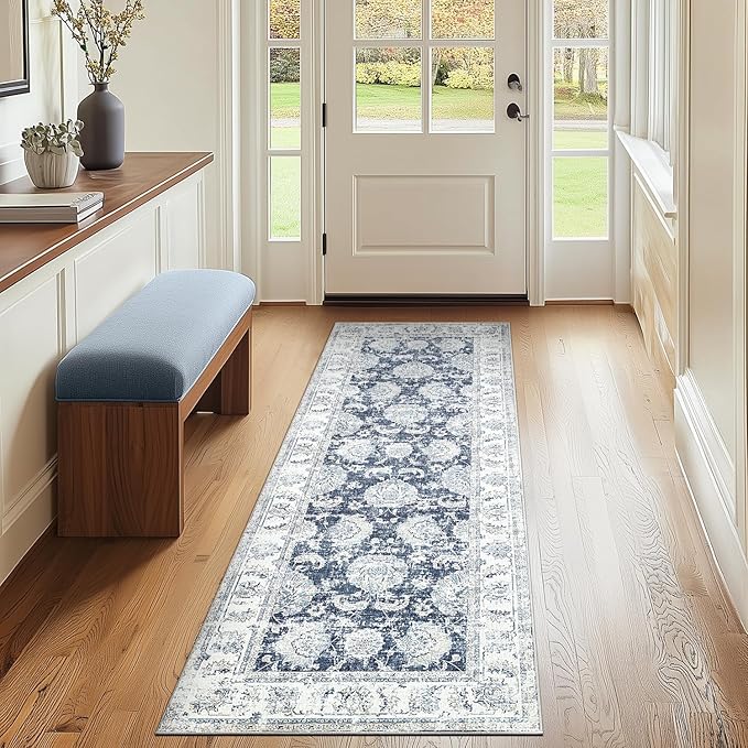 jinchan Runner Rug 2x7 Machine Washable Hallway Rug Dark Blue Vintage Floral Print Non-Slip Low Pile Ultra-Thin for Kitchen,Entryway,Laundry Room,Bedroom,Farmhouse (2‘x7’,Dark Blue)