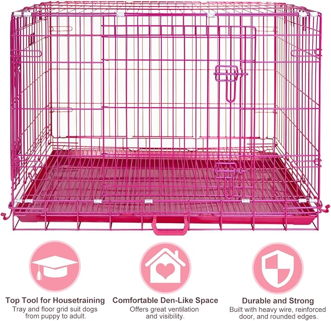 HOMEY PET Pink Dog Cage Large Dogs, Cute 42 Inch Dog Crate Big Collapsible XL Dog Kennel, Nano-Coated Metal Wire Dog Crate with Removable Floor Grid Tray, Double Doors Dual Locks, Portable Handle