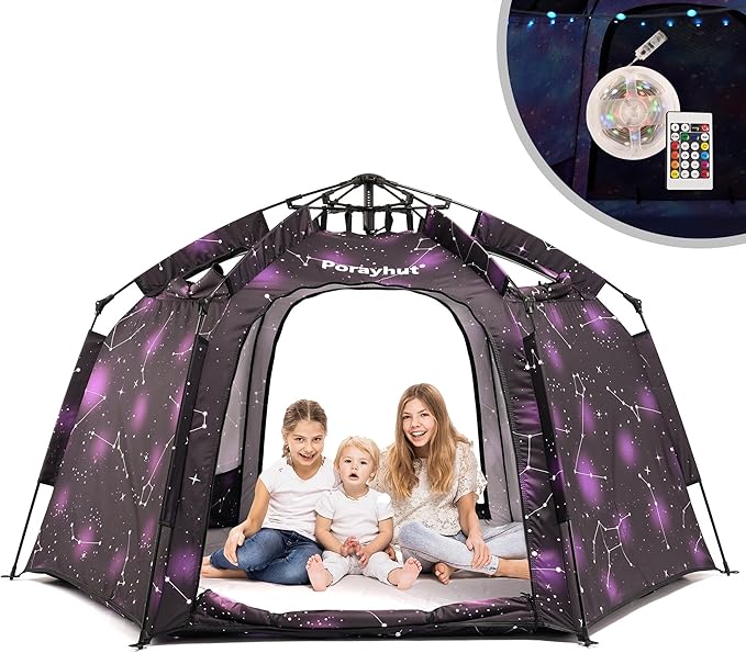 Portable Hexagon Kids Play Tent with LED Strip Lights Indoor Children Play House Easy Set-up Space Dream Tent for Night.4-5 Person Large Tents & Birthday Gifts