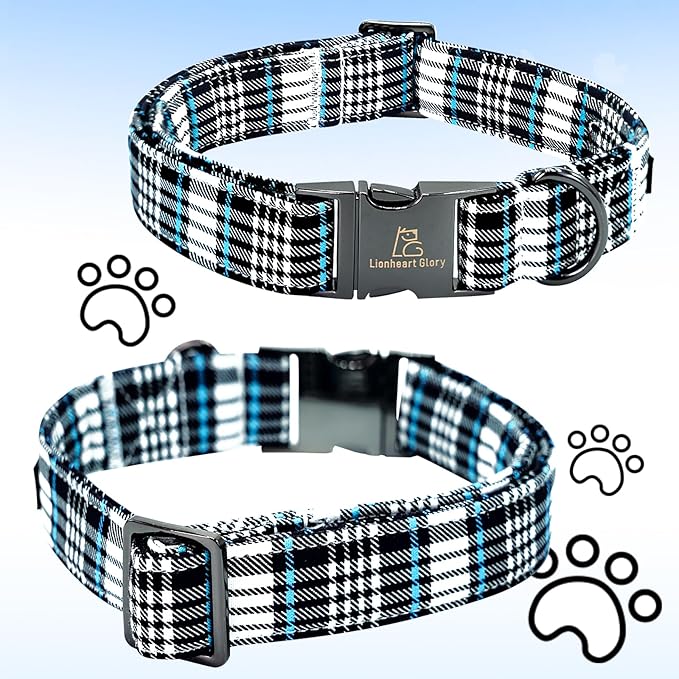 Lionheart glory Dog Bow Collar Blue and Black Plaid Dog Collar for Medium Dogs,Boy Dog Collars with Bowtie Spring Summer Collars Soft Adjustable Pet Collar Bows