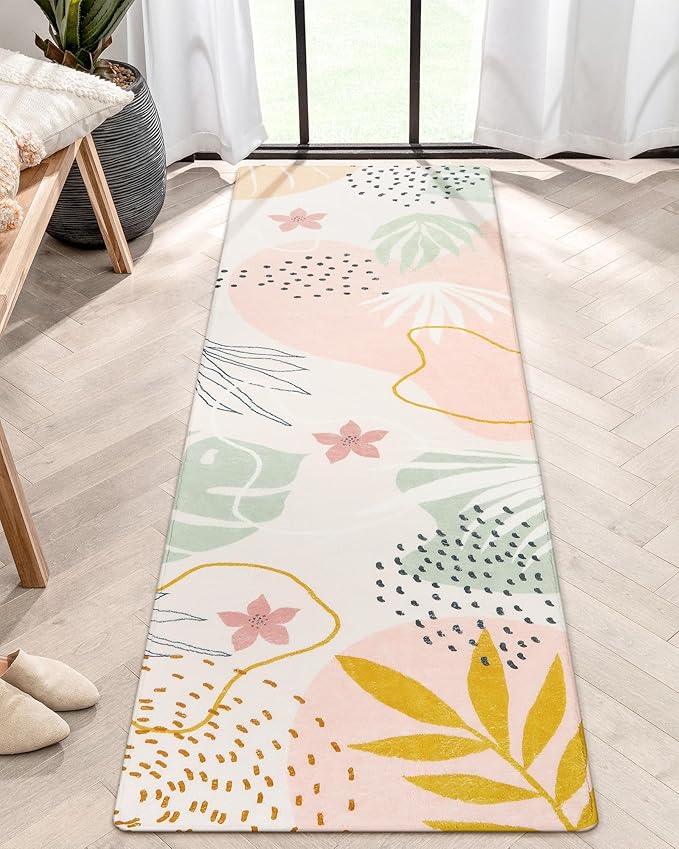 Lahome Pink Runner Rug - 2x7 Runner Rug Non-Slip Washable Bathroom Rug Runner Throw Lightweight Floor Runners for Hallway Non Skid, Botanical Print Carpet Runner for Kitchen Bedroom Laundry Room