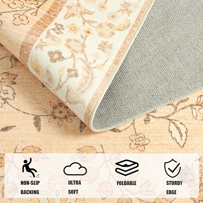 LOCHAS Washable Area Rugs 6x9, Peach Floral Rug for Living Room Bedroom Non Slip, Ultra Soft Vintage Indoor Carpet for Kids, Nursery, Dorm, Dining Room, Classroom, Boho Flower Home Decor, Low-Pile