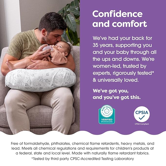 Boppy Nursing Pillow - Ergonomic Bottle & Breastfeeding Pillow with High, Firm, Large Area, Water-Repellent Cushion with Washable Cover; Baby Safety Alliance Verified - Gray Gentle Leaves
