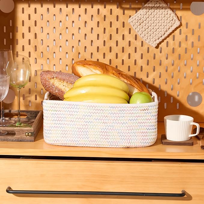 Small Storage Baskets for Organizing | Closet Organizer Bins | Shelf Toy Basket | Woven Rope Baskets | Cube Decorative Box | Shallow Basket | 13x8.5x5.1” | 4 Packs Rainbow