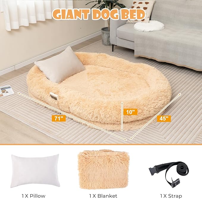 Giantex Human Dog Bed - 71" x 45" Large Human Size Dog Bed for Adult, Orthopedic Egg Crate Foam, Washable Faux Fur Bed Cover, Blanket, Pillow, for Pets and People Doze Off Napping (Brown)