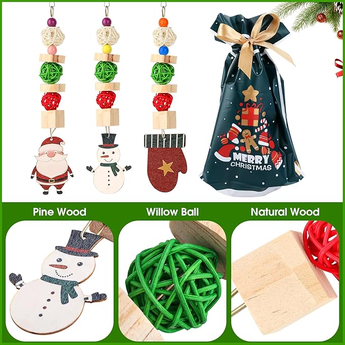 Abizoo Christmas Guinea Pig Chew Toys,3 Pcs Rabbit Chew Toys Hamster Bunny Treats Wood for Chinchilla,Hanging Christmas Themed Decor Cage Accessories for Small Animals pet Teeth Enrichment Gifts