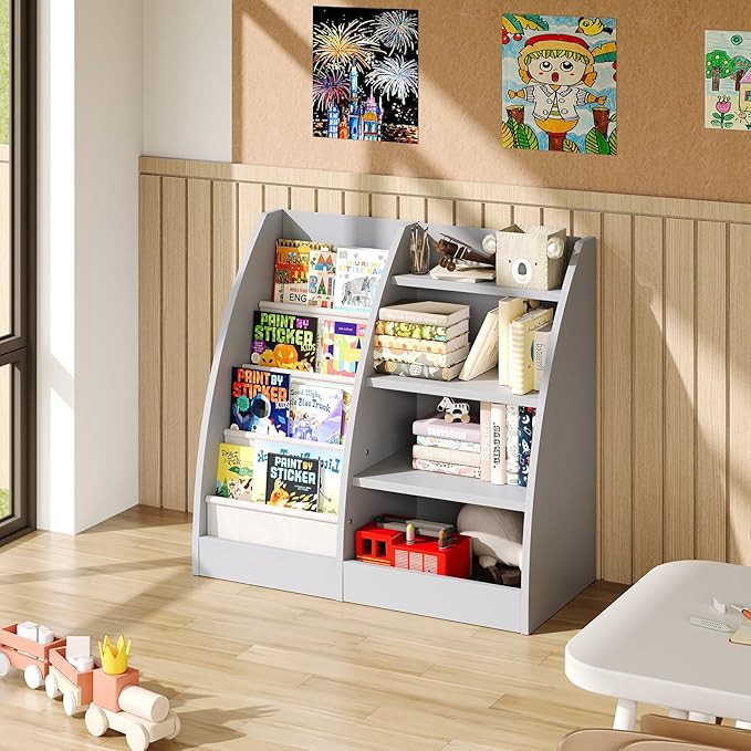 4 Tier Kids Bookshelf,4 Layer Sling Kids Book Shelf for Kids Rooms,Wood Children Bookcase,Baby Storage Book Rack,Toddler Bookshelf, Book and Toy Organizer,Book Display Shelf for Bedroom, Nursery